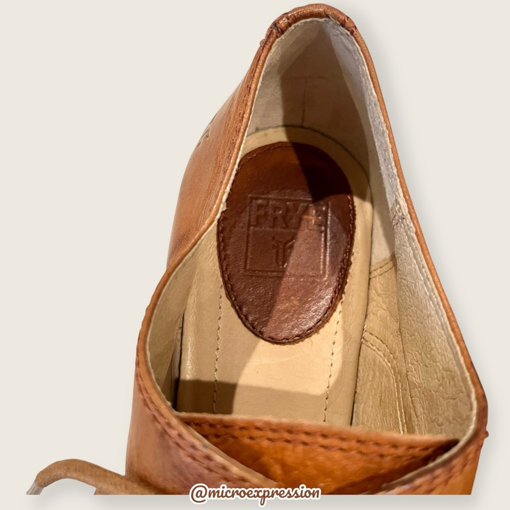 TAYLOR SWIFT Frye Carson Lace-Up Brown Cognac Leather Heeled Oxford Ankle Bootie - Picture 13 of 16